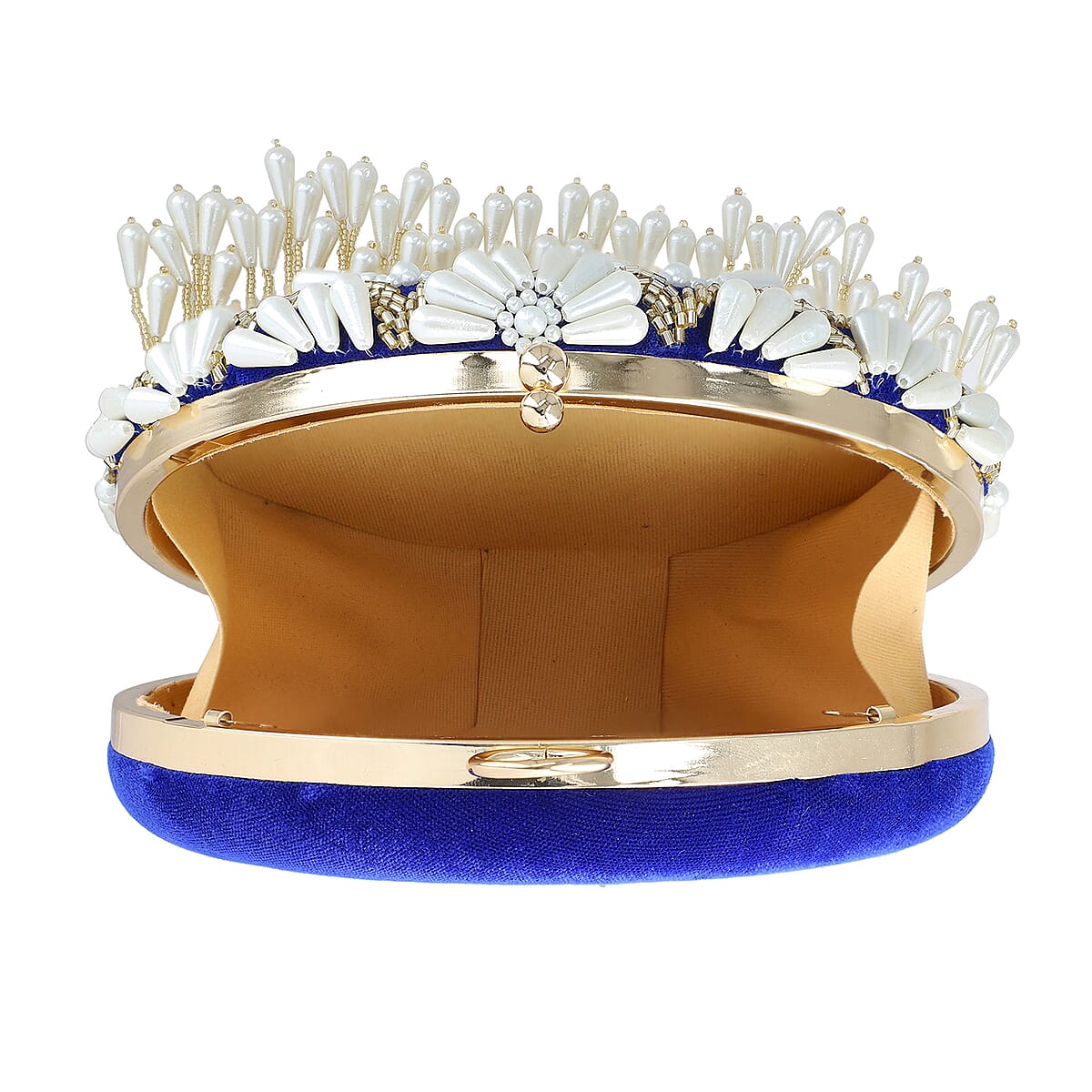 Royal Blue Hand Embroidery Pearl Studded Velvet Clutch with Tassels, Ring Handle and Sling Chain image number 9
