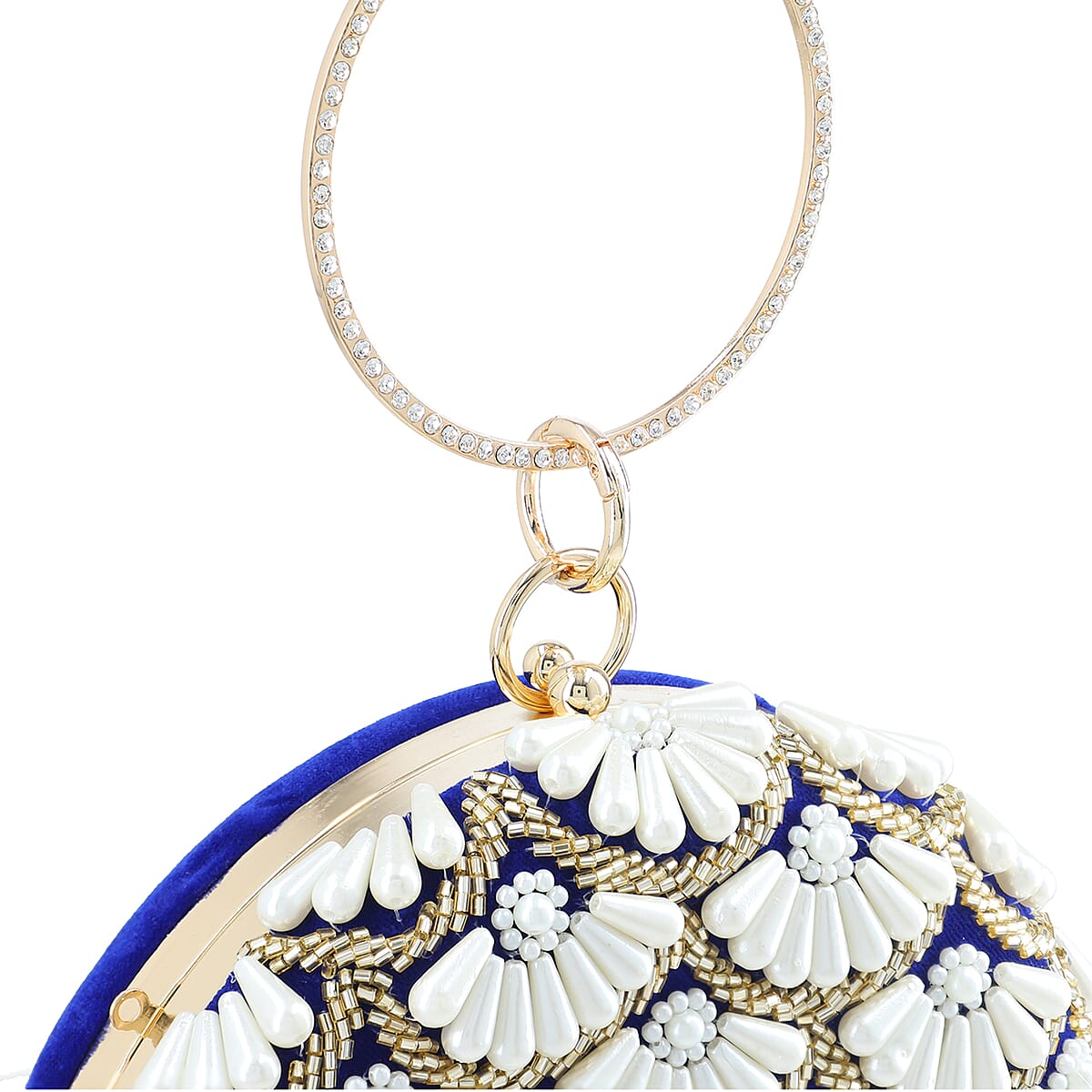 Royal Blue Hand Embroidery Pearl Studded Velvet Clutch with Tassels, Ring Handle and Sling Chain image number 10