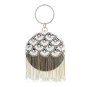 Purple Hand Embroidery Pearl Studded Velvet Clutch with Tassels, Ring Handle and Sling Chain