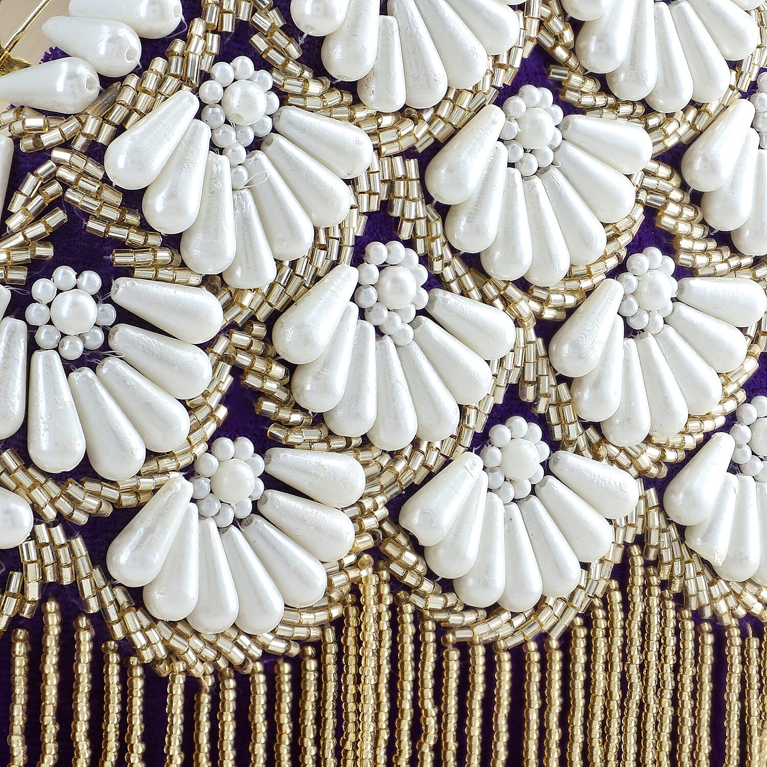 Purple Hand Embroidery Pearl Studded Velvet Clutch with Tassels, Ring Handle and Sling Chain