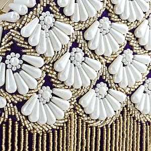 Purple Hand Embroidery Pearl Studded Velvet Clutch with Tassels, Ring Handle and Sling Chain
