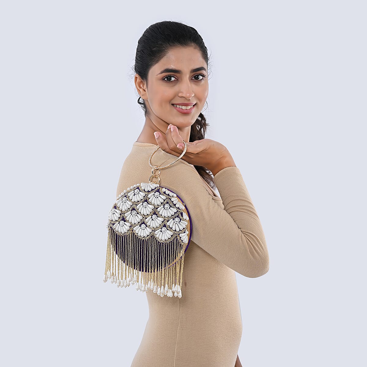 Purple Hand Embroidery Pearl Studded Velvet Clutch with Tassels, Ring Handle and Sling Chain image number 3