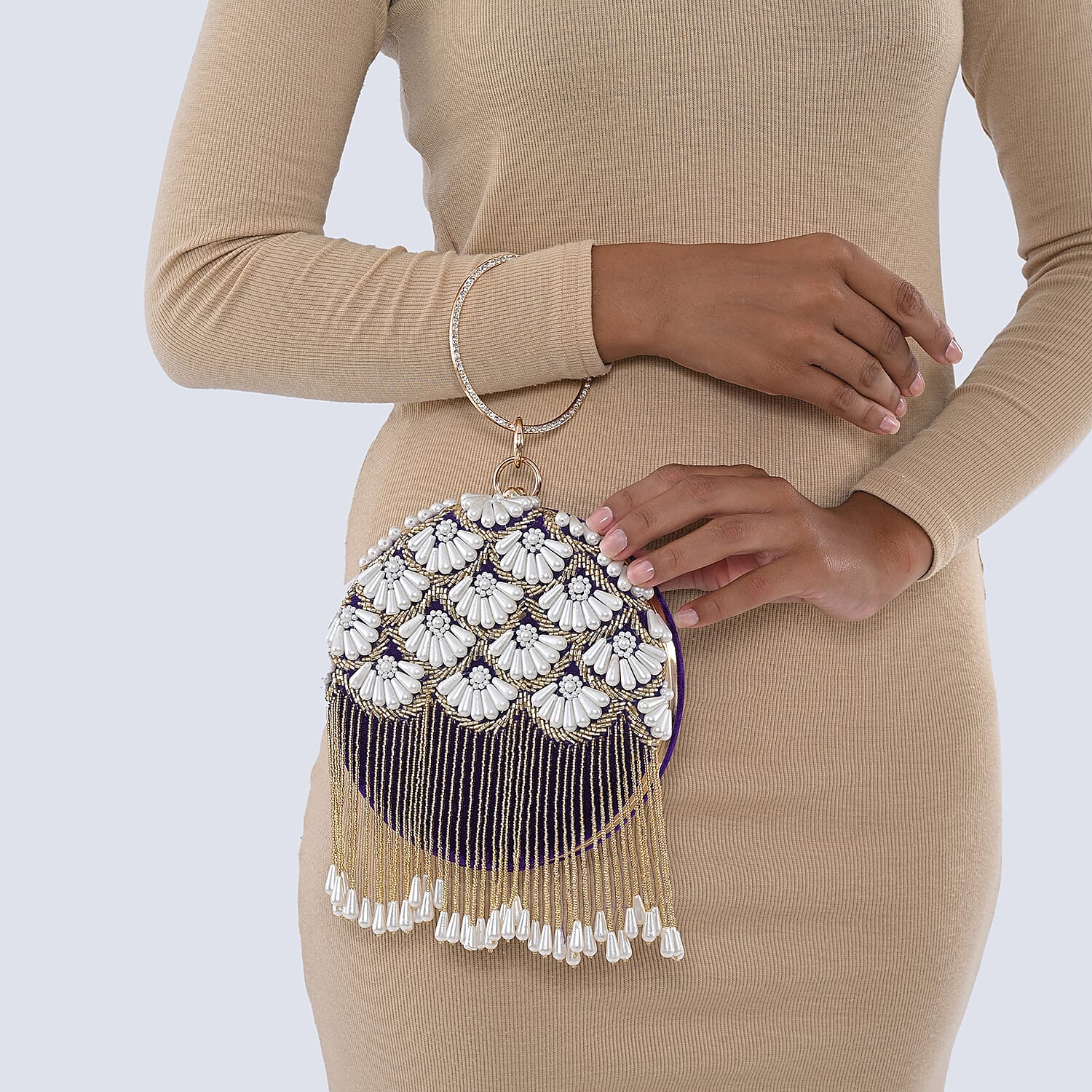 Purple Hand Embroidery Pearl Studded Velvet Clutch with Tassels, Ring Handle and Sling Chain
