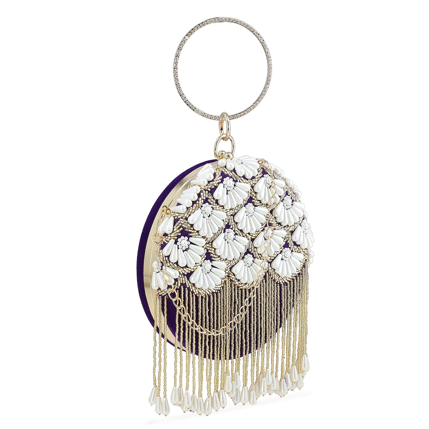 Purple Hand Embroidery Pearl Studded Velvet Clutch with Tassels, Ring Handle and Sling Chain