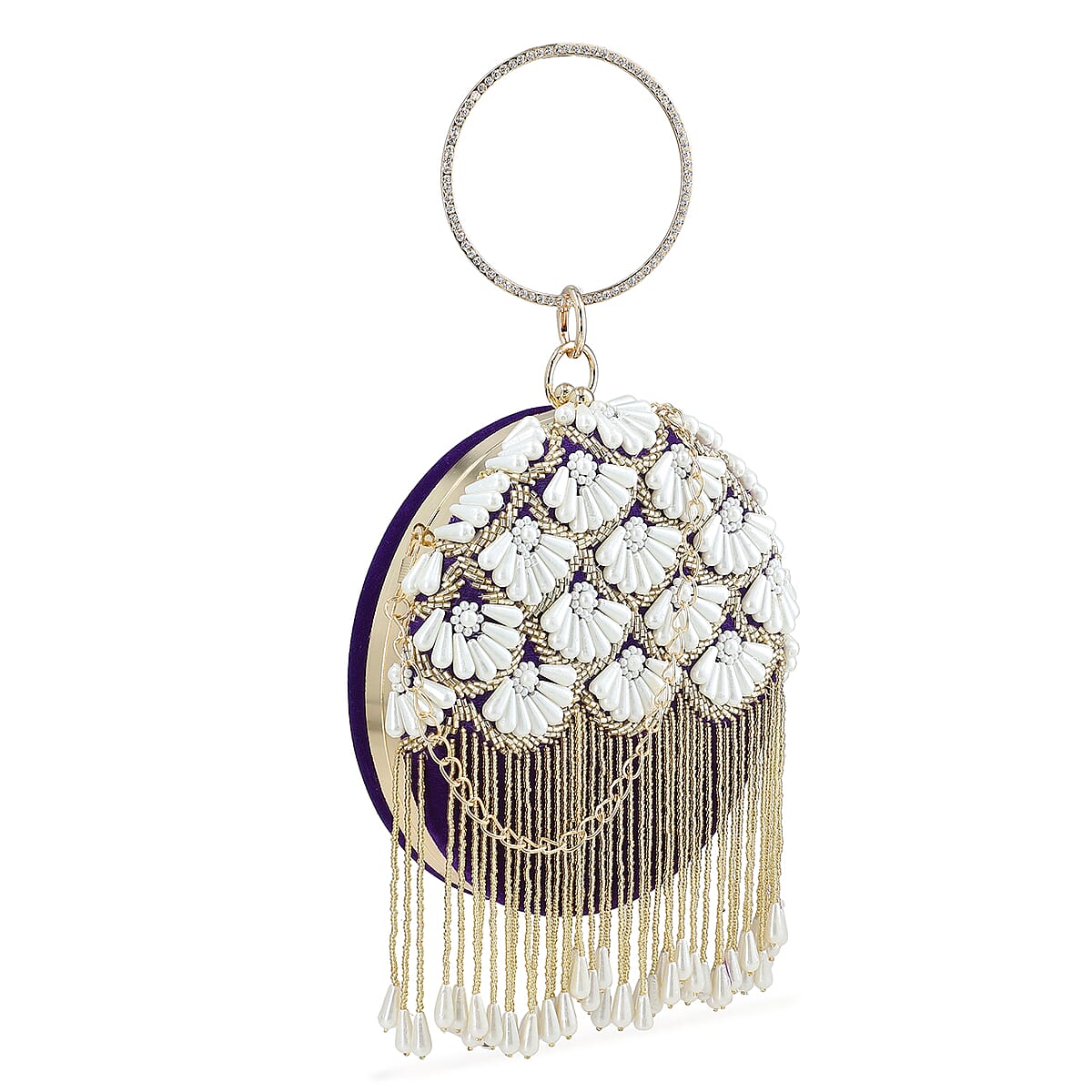 Purple Hand Embroidery Pearl Studded Velvet Clutch with Tassels, Ring Handle and Sling Chain image number 5