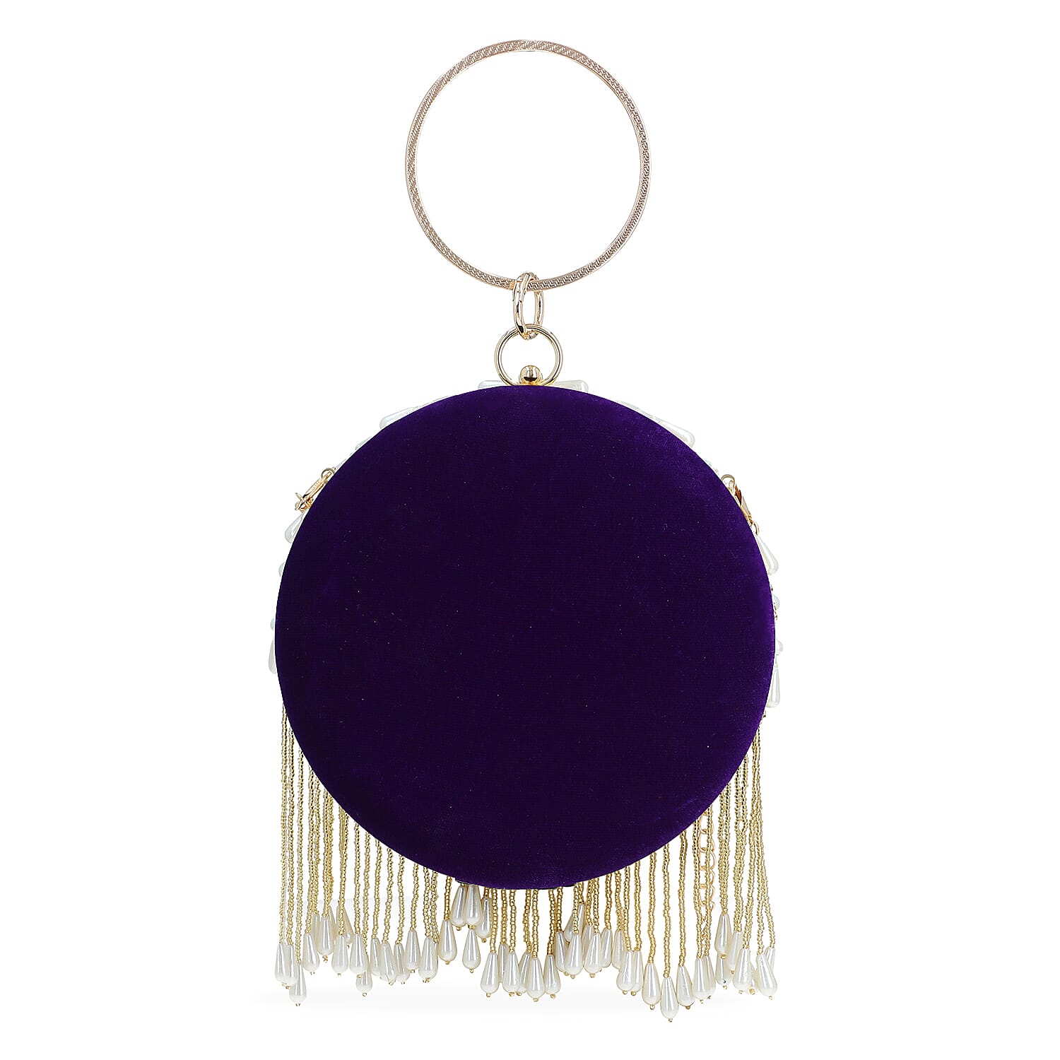 Purple Hand Embroidery Pearl Studded Velvet Clutch with Tassels, Ring Handle and Sling Chain