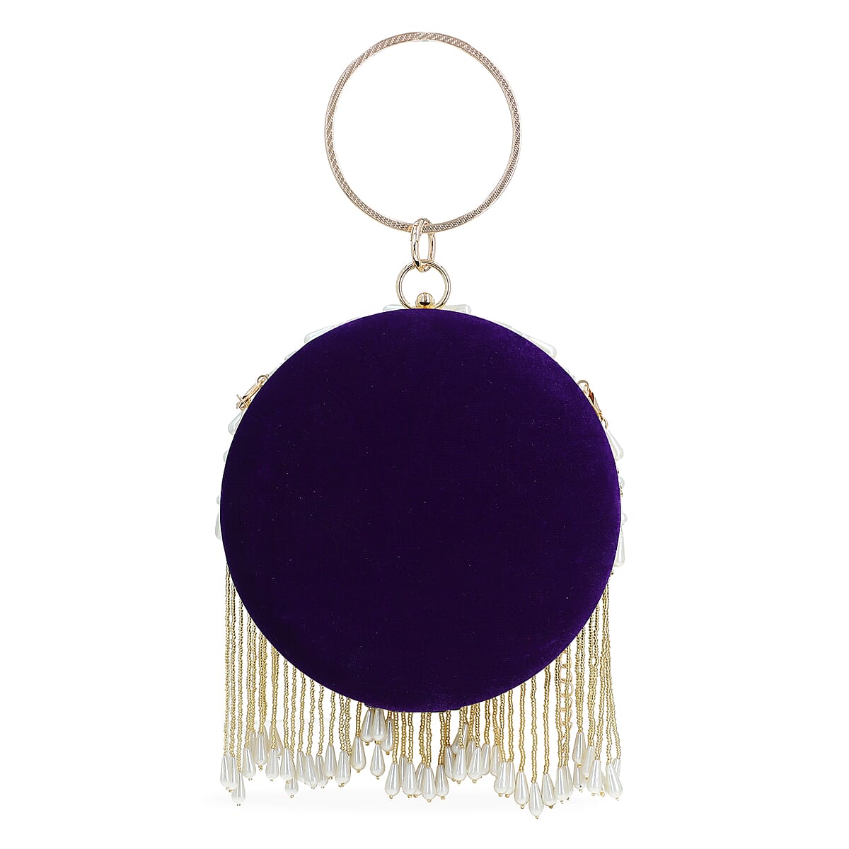 Purple Hand Embroidery Pearl Studded Velvet Clutch with Tassels, Ring Handle and Sling Chain image number 6