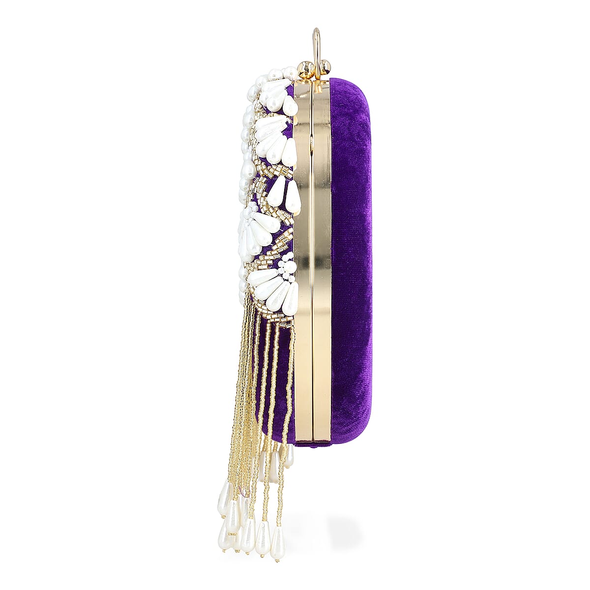 Purple Hand Embroidery Pearl Studded Velvet Clutch with Tassels, Ring Handle and Sling Chain image number 7