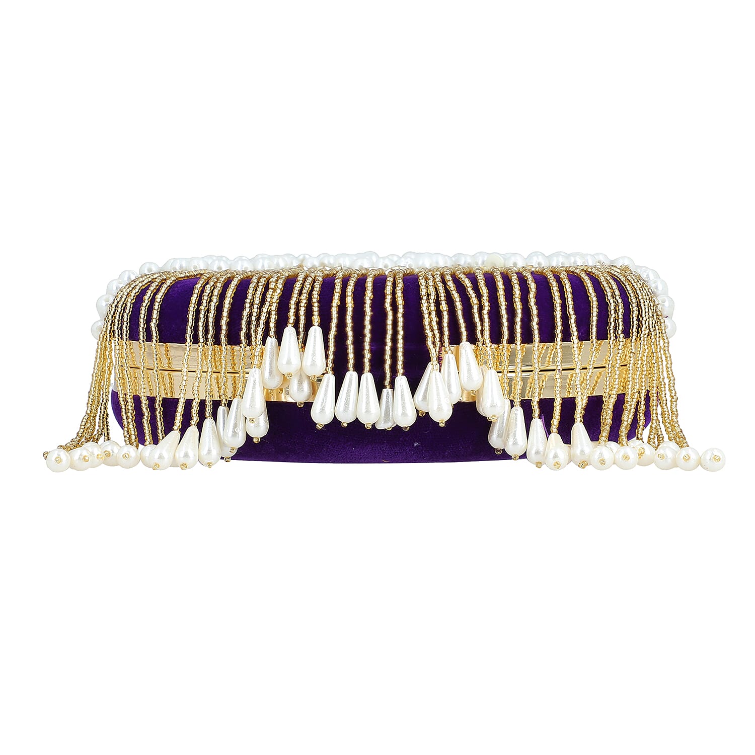 Purple Hand Embroidery Pearl Studded Velvet Clutch with Tassels, Ring Handle and Sling Chain