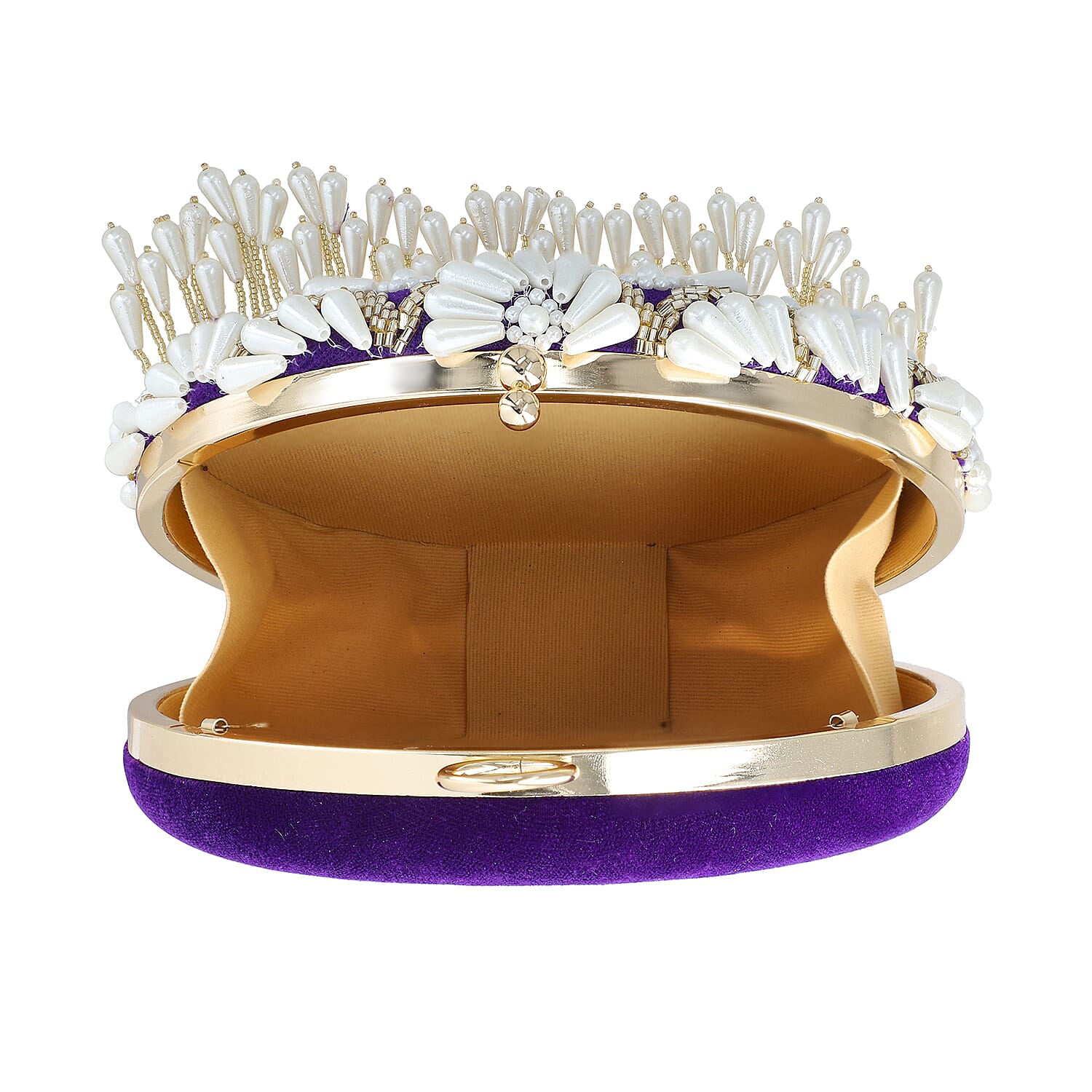 Purple Hand Embroidery Pearl Studded Velvet Clutch with Tassels, Ring Handle and Sling Chain