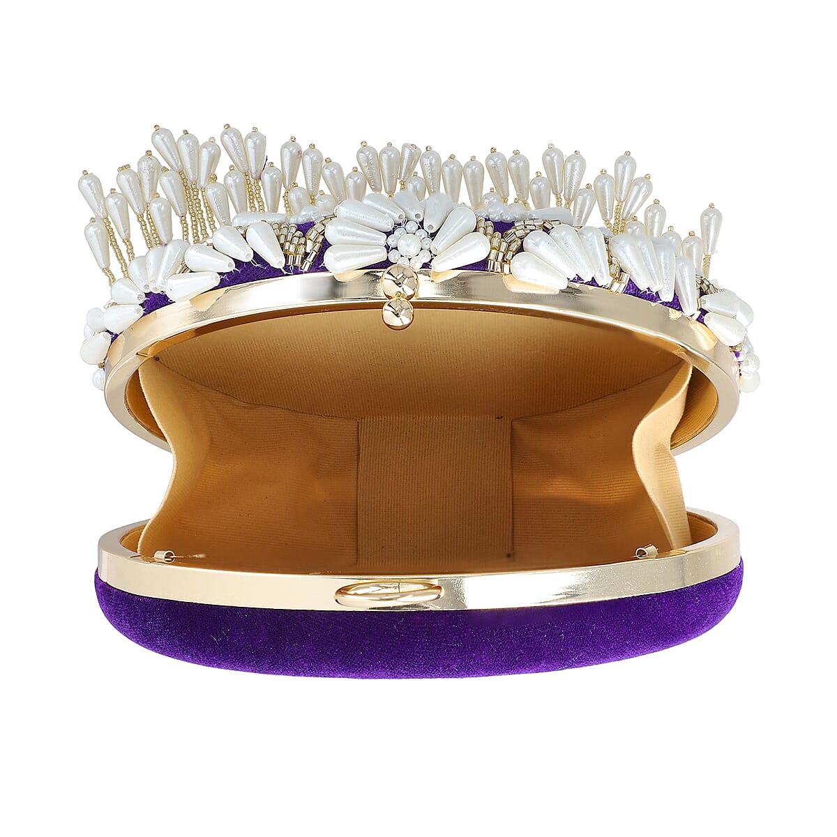 Purple Hand Embroidery Pearl Studded Velvet Clutch with Tassels, Ring Handle and Sling Chain image number 9