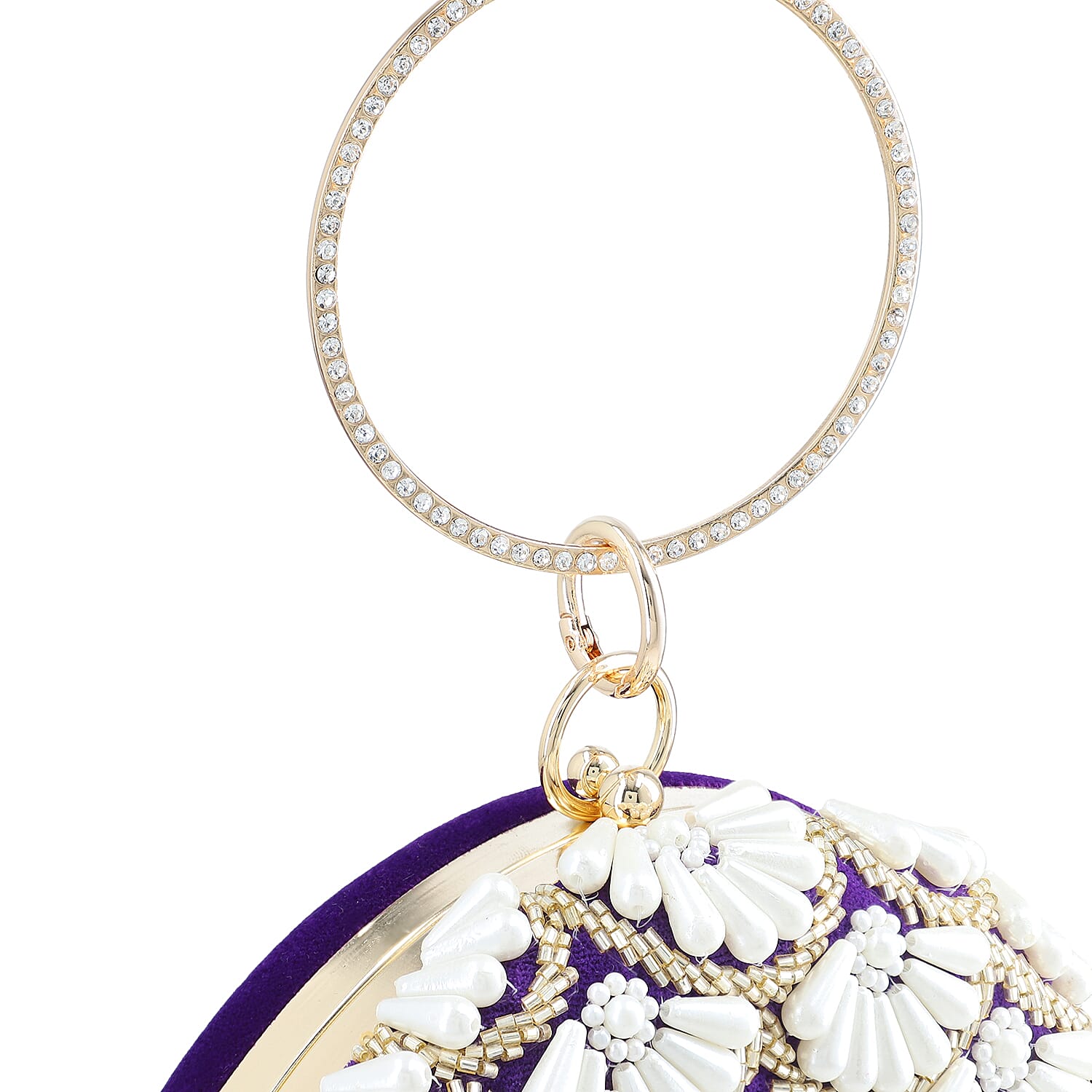 Purple Hand Embroidery Pearl Studded Velvet Clutch with Tassels, Ring Handle and Sling Chain