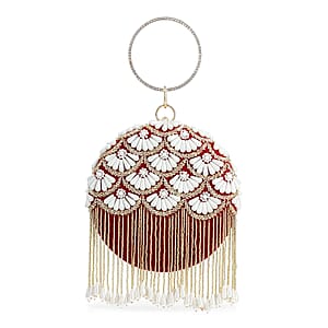 Burgundy Hand Embroidery Pearl Studded Velvet Clutch with Tassels, Ring Handle and Sling Chain