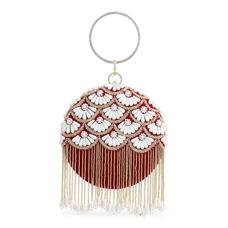 Burgundy Hand Embroidery Pearl Studded Velvet Clutch with Tassels, Ring Handle and Sling Chain