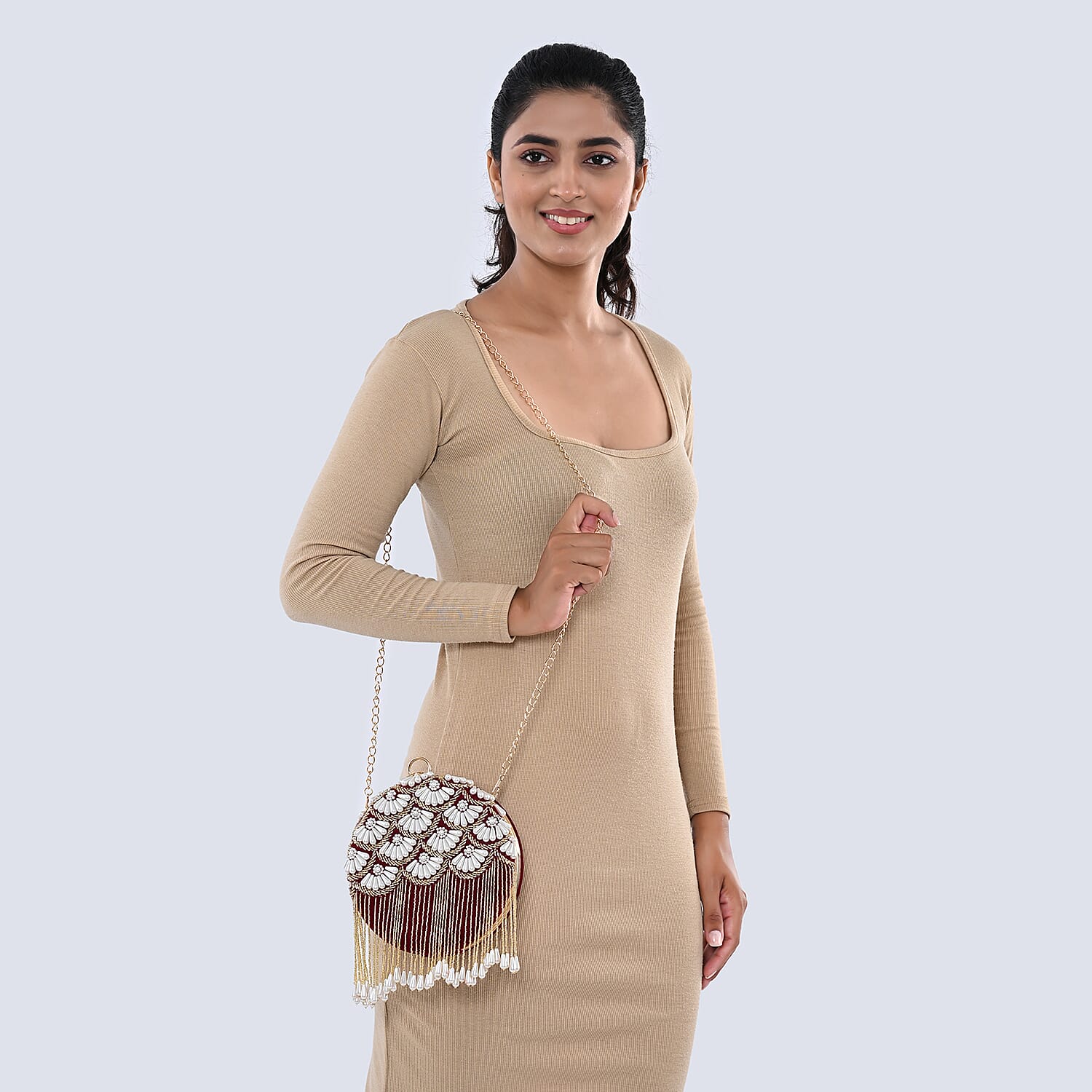 Burgundy Hand Embroidery Pearl Studded Velvet Clutch with Tassels, Ring Handle and Sling Chain