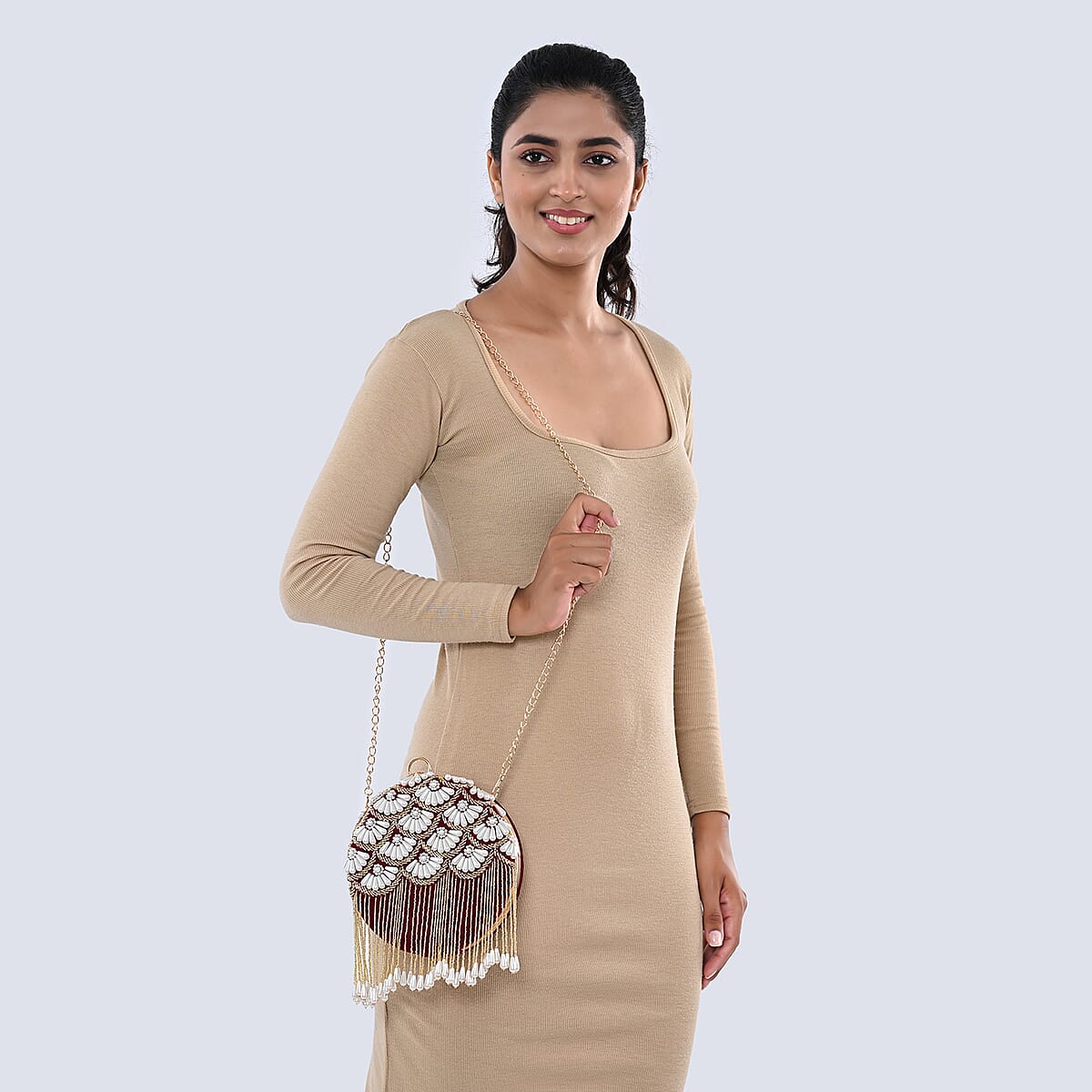 Burgundy Hand Embroidery Pearl Studded Velvet Clutch with Tassels, Ring Handle and Sling Chain image number 1