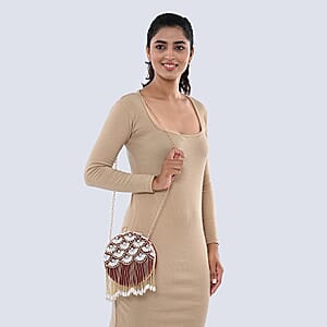Burgundy Hand Embroidery Pearl Studded Velvet Clutch with Tassels, Ring Handle and Sling Chain