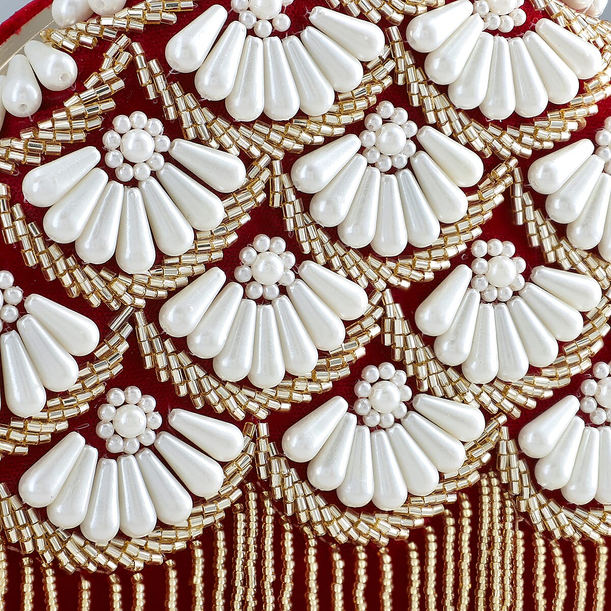 Burgundy Hand Embroidery Pearl Studded Velvet Clutch with Tassels, Ring Handle and Sling Chain image number 2