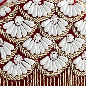 Burgundy Hand Embroidery Pearl Studded Velvet Clutch with Tassels, Ring Handle and Sling Chain