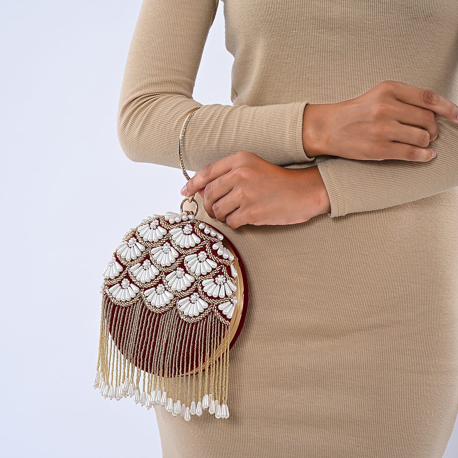Burgundy Hand Embroidery Pearl Studded Velvet Clutch with Tassels, Ring Handle and Sling Chain