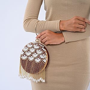 Burgundy Hand Embroidery Pearl Studded Velvet Clutch with Tassels, Ring Handle and Sling Chain