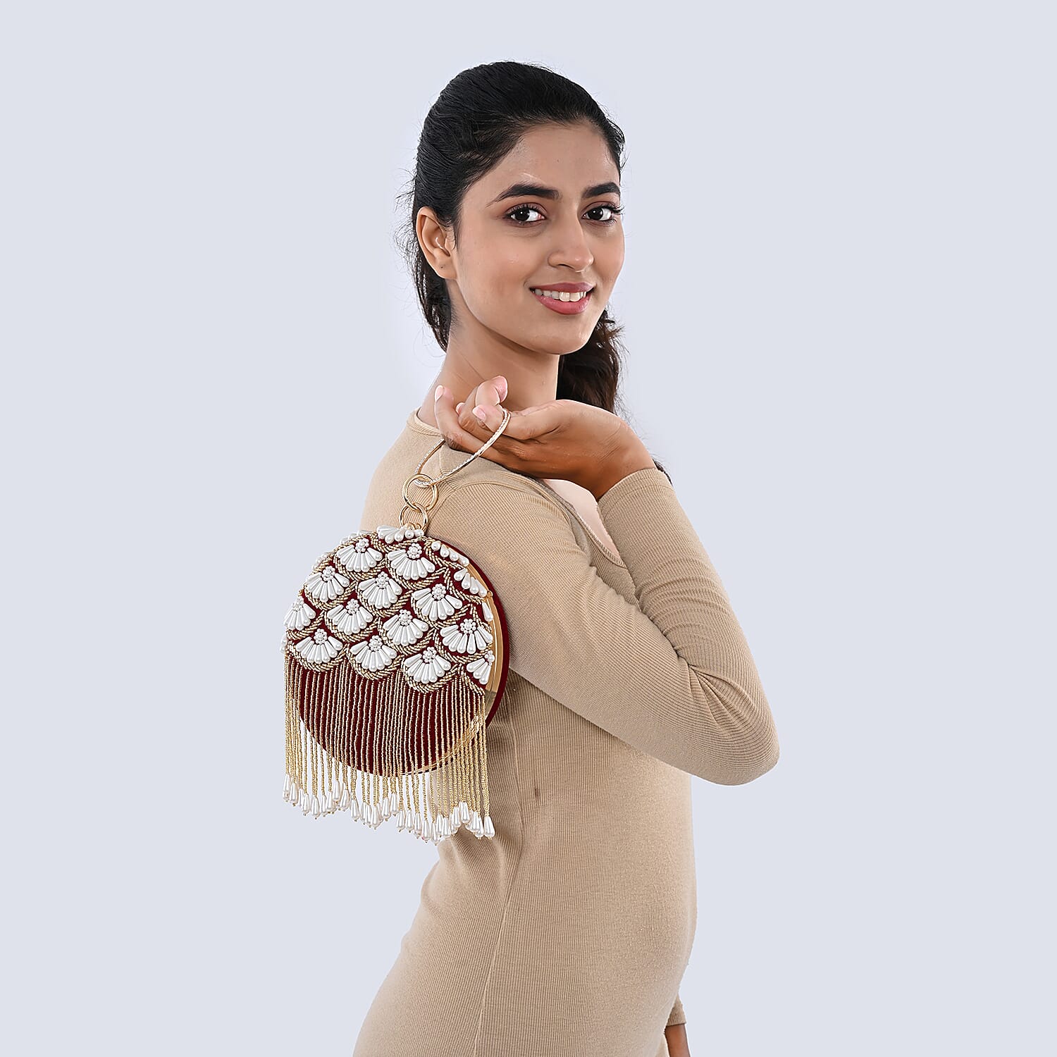 Burgundy Hand Embroidery Pearl Studded Velvet Clutch with Tassels, Ring Handle and Sling Chain