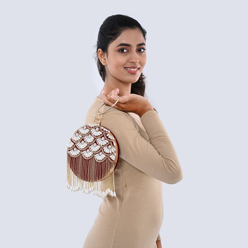 Burgundy Hand Embroidery Pearl Studded Velvet Clutch with Tassels, Ring Handle and Sling Chain