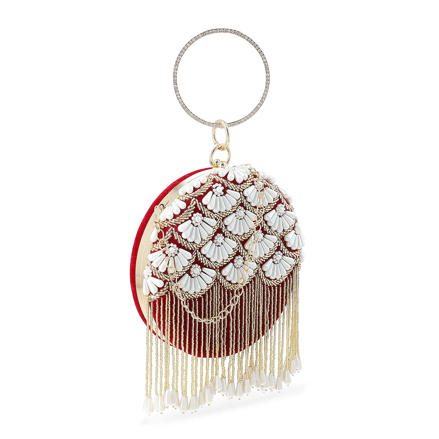 Burgundy Hand Embroidery Pearl Studded Velvet Clutch with Tassels, Ring Handle and Sling Chain