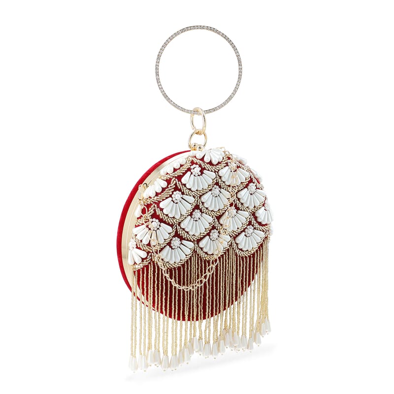 Burgundy Hand Embroidery Pearl Studded Velvet Clutch with Tassels, Ring Handle and Sling Chain
