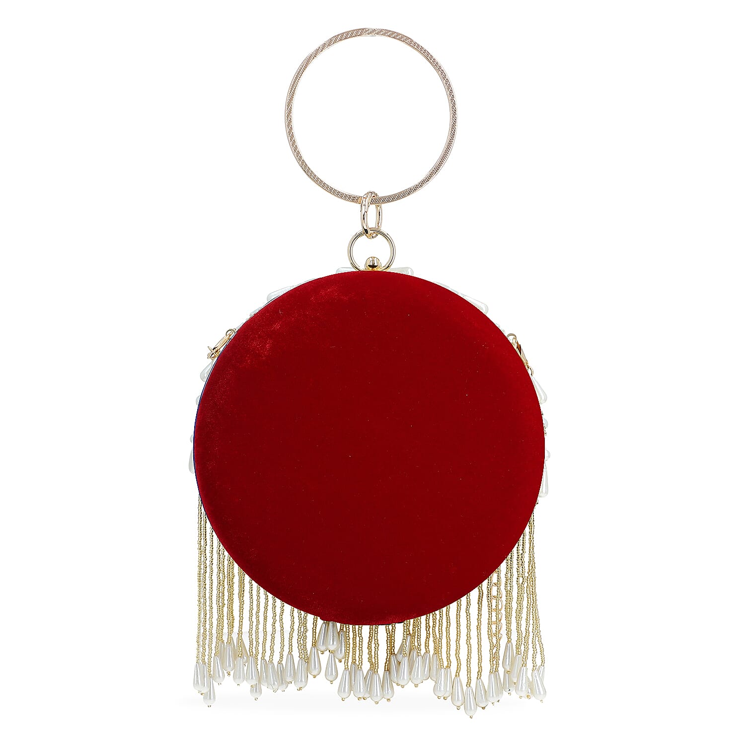 Burgundy Hand Embroidery Pearl Studded Velvet Clutch with Tassels, Ring Handle and Sling Chain