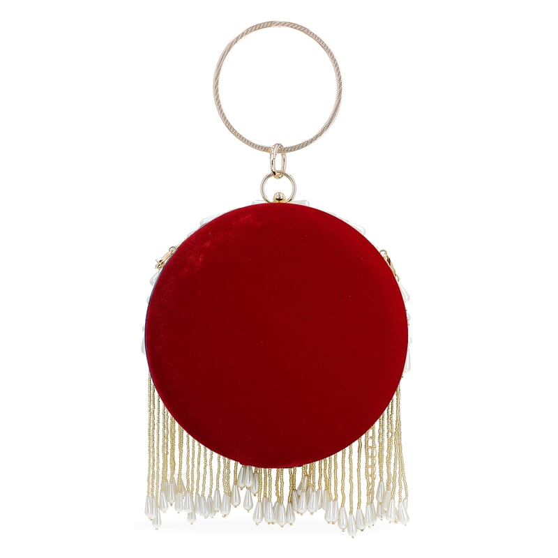 Burgundy Hand Embroidery Pearl Studded Velvet Clutch with Tassels, Ring Handle and Sling Chain