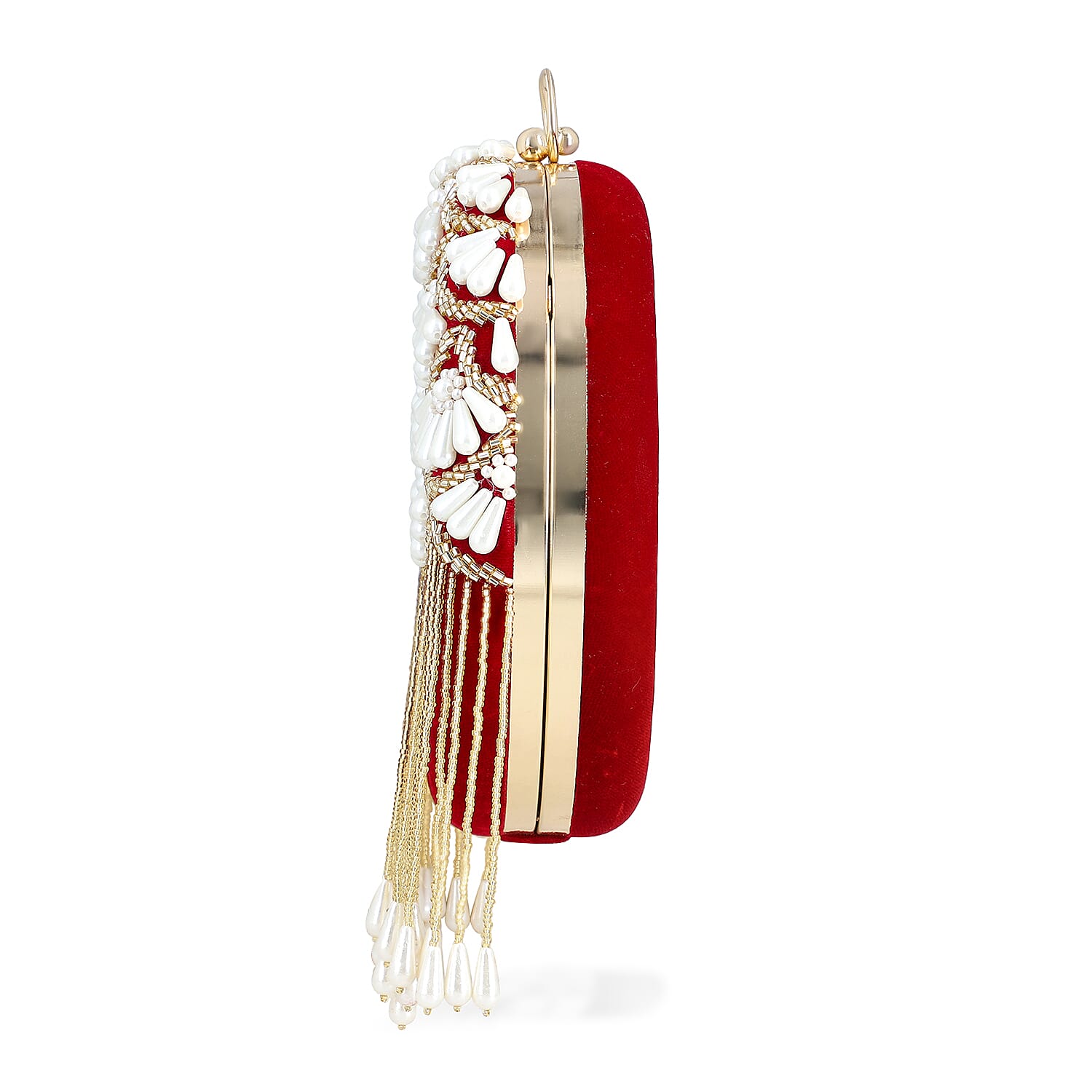 Burgundy Hand Embroidery Pearl Studded Velvet Clutch with Tassels, Ring Handle and Sling Chain