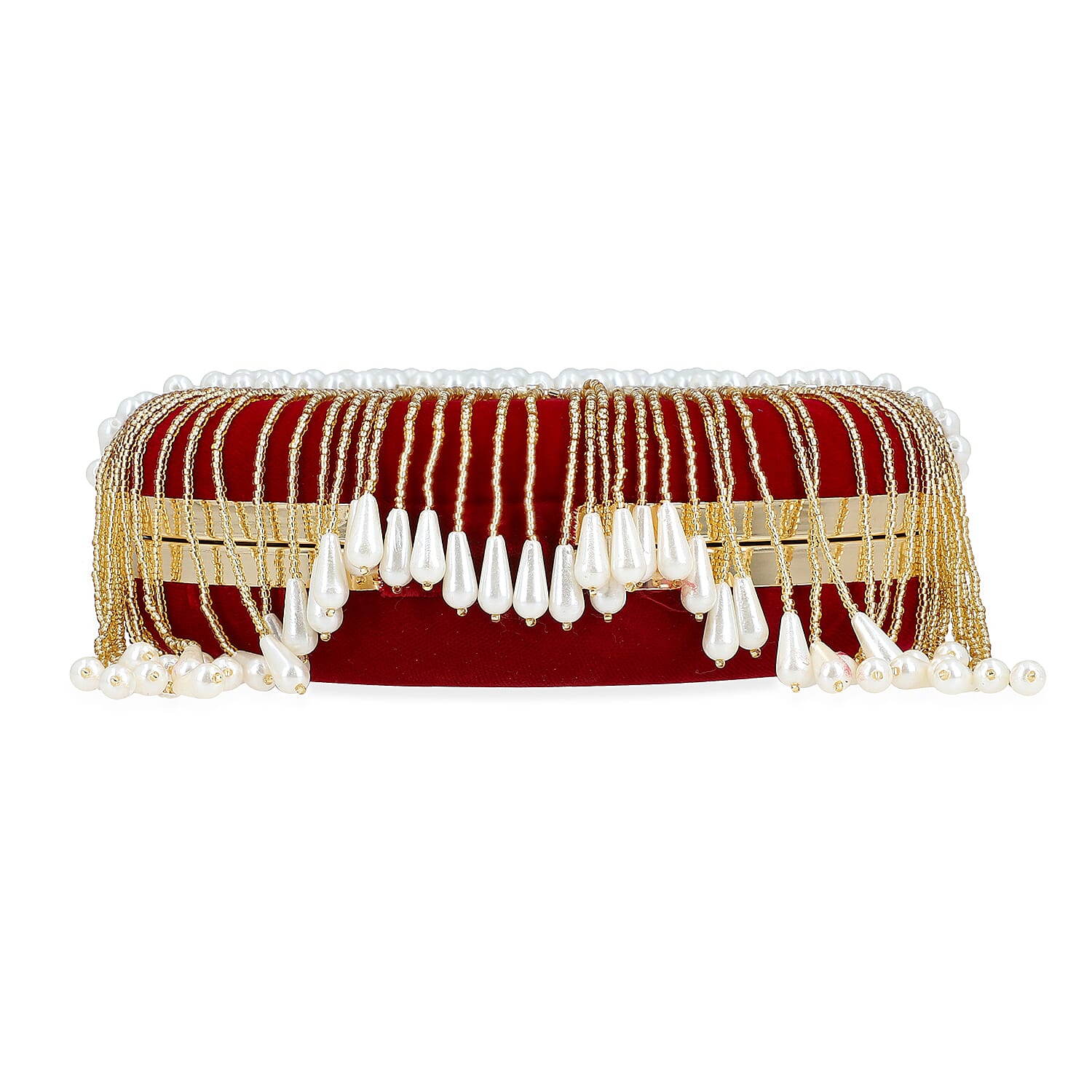 Burgundy Hand Embroidery Pearl Studded Velvet Clutch with Tassels, Ring Handle and Sling Chain
