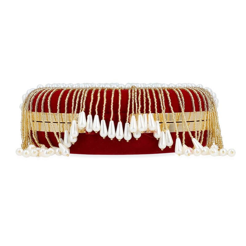 Burgundy Hand Embroidery Pearl Studded Velvet Clutch with Tassels, Ring Handle and Sling Chain