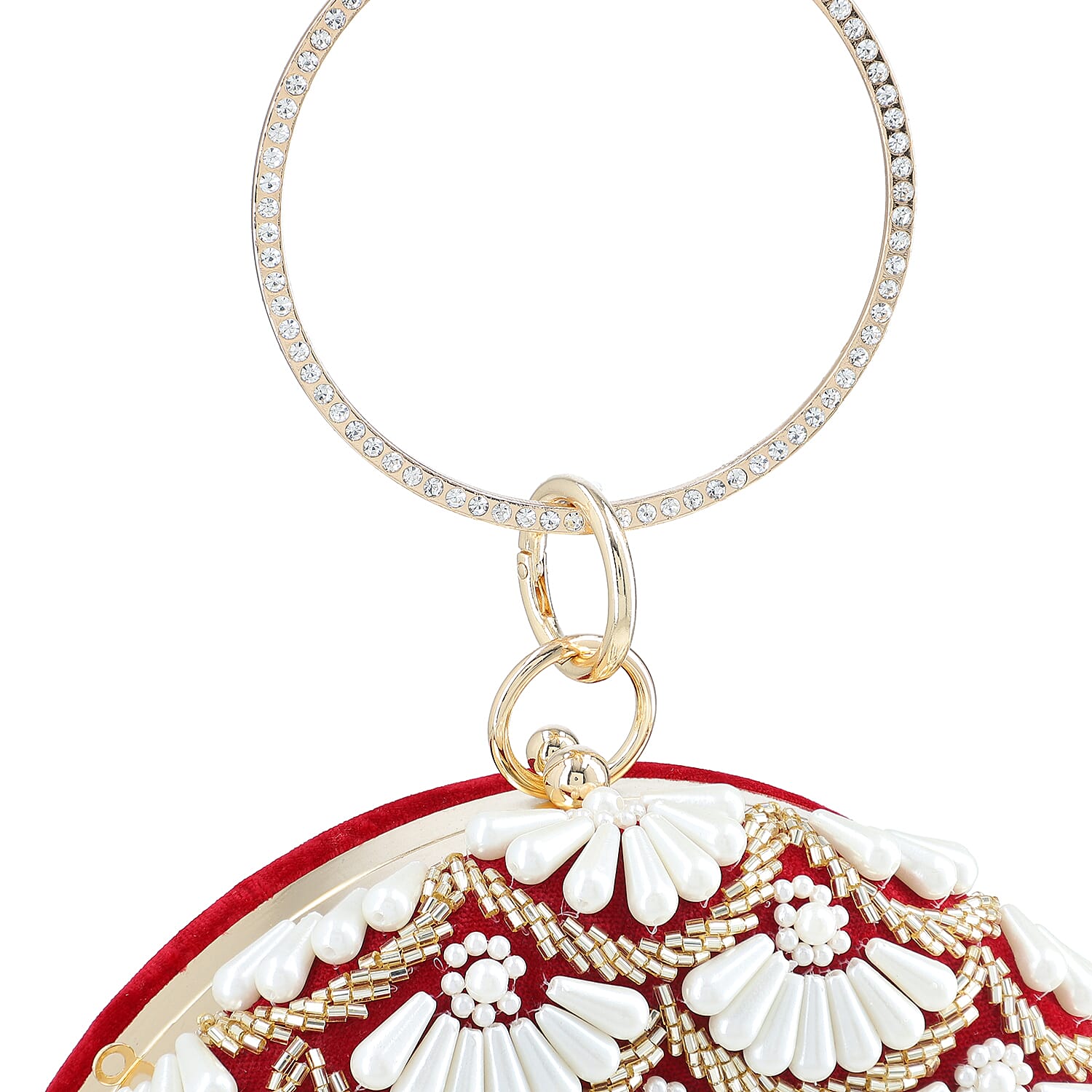 Burgundy Hand Embroidery Pearl Studded Velvet Clutch with Tassels, Ring Handle and Sling Chain