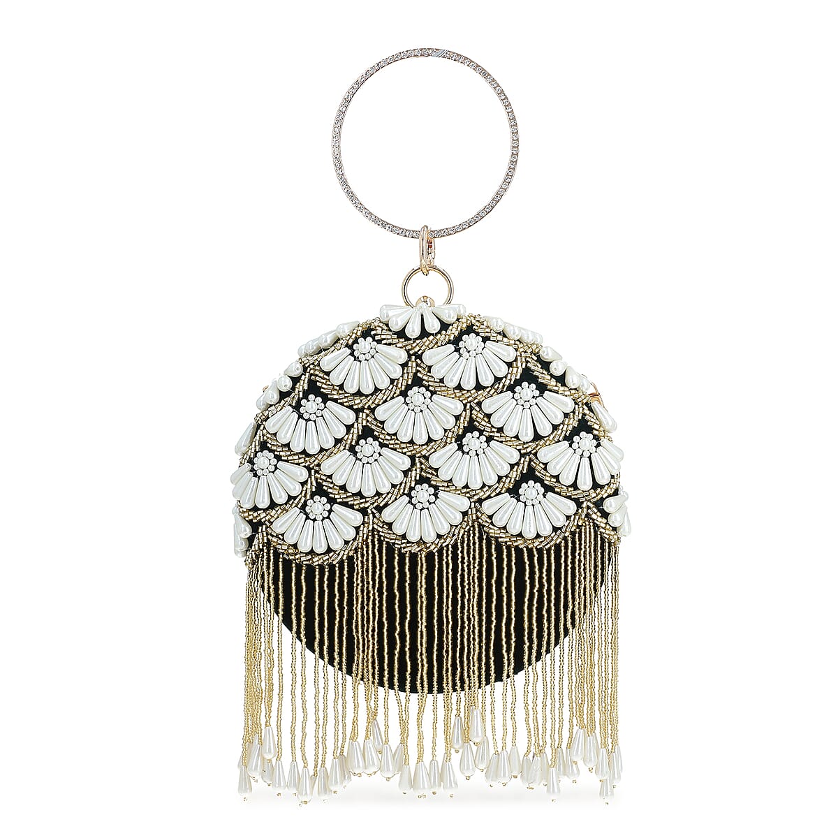 Black Hand Embroidery Pearl Studded Velvet Clutch with Tassels, Ring Handle and Sling Chain image number 0