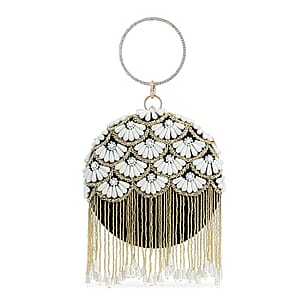 Black Hand Embroidery Pearl Studded Velvet Clutch with Tassels, Ring Handle and Sling Chain