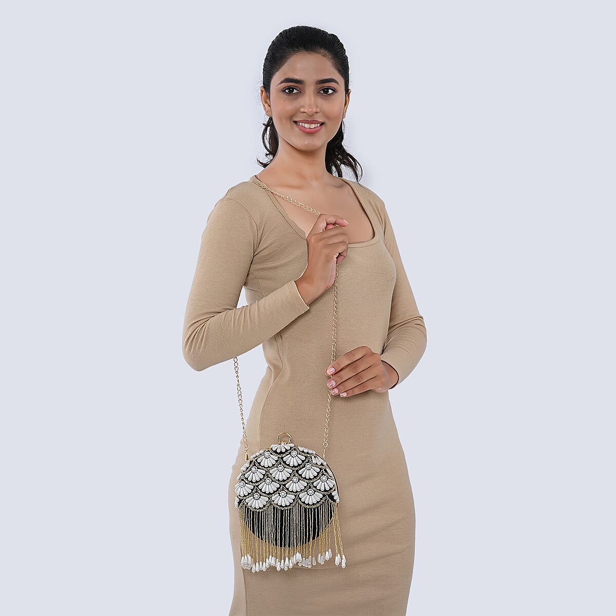Black Hand Embroidery Pearl Studded Velvet Clutch with Tassels, Ring Handle and Sling Chain image number 1