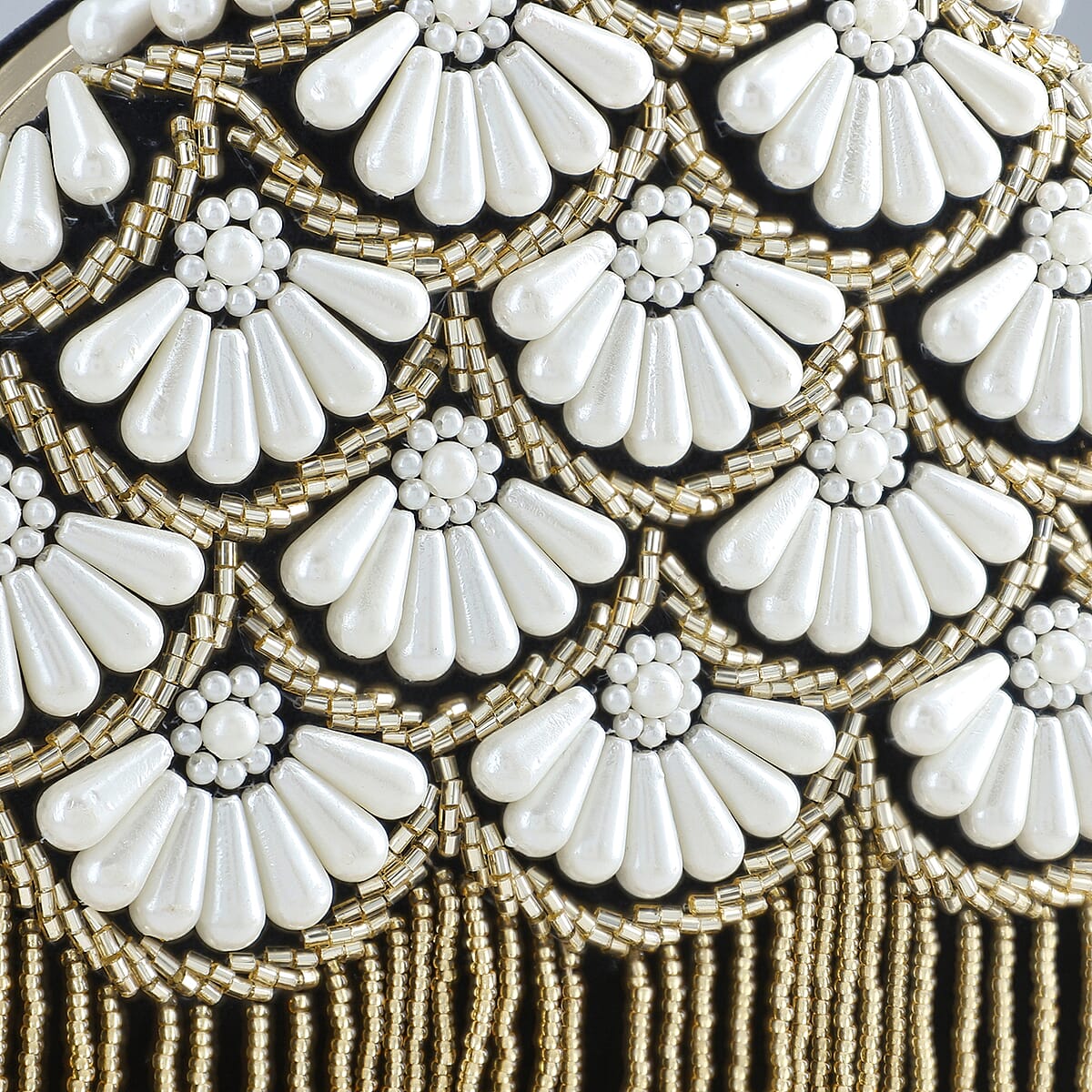 Black Hand Embroidery Pearl Studded Velvet Clutch with Tassels, Ring Handle and Sling Chain image number 2