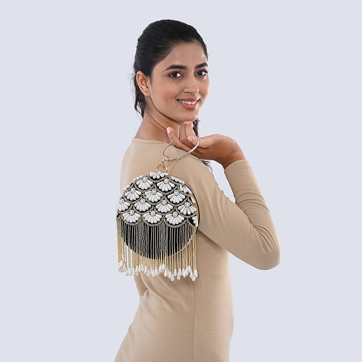 Black Hand Embroidery Pearl Studded Velvet Clutch with Tassels, Ring Handle and Sling Chain image number 3