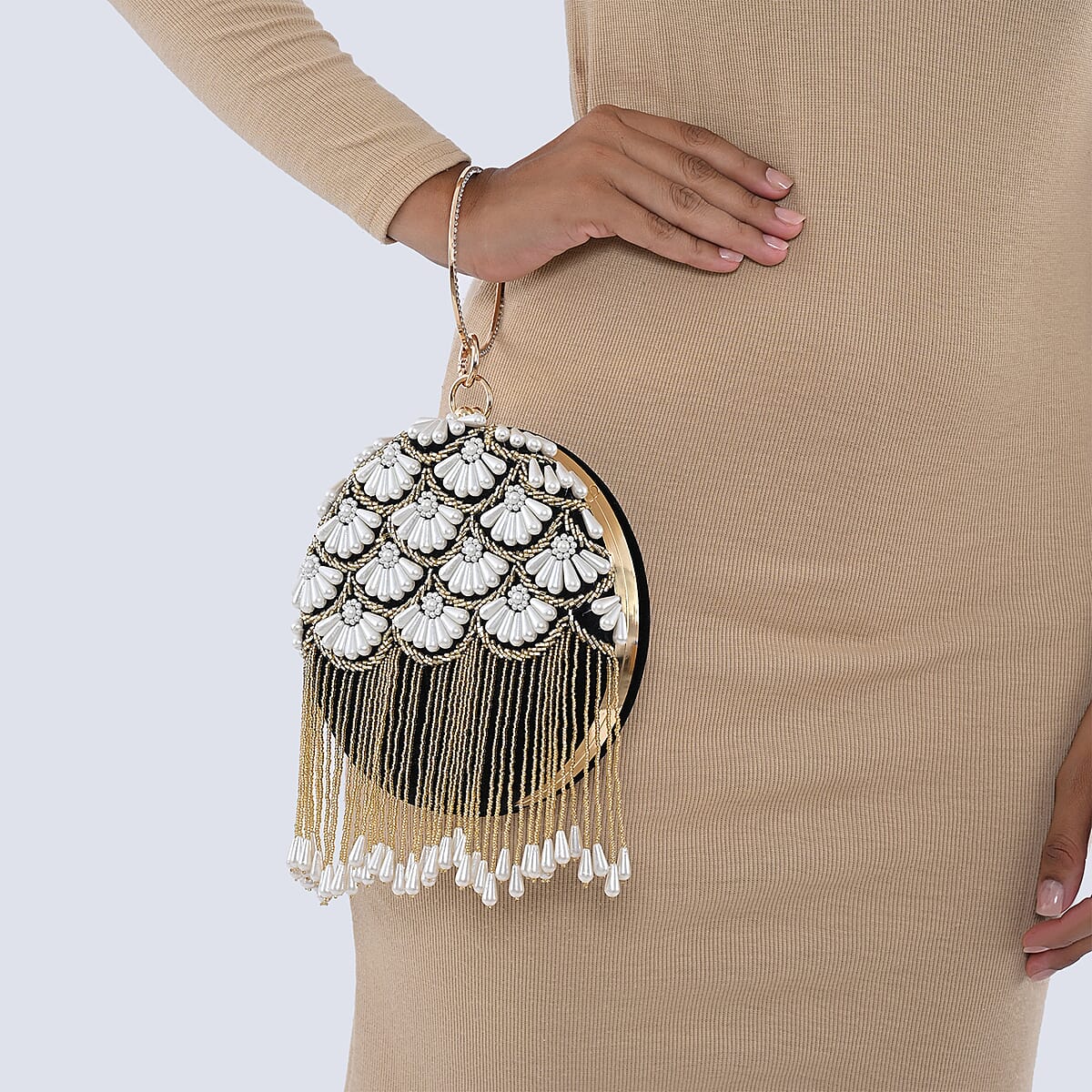 Black Hand Embroidery Pearl Studded Velvet Clutch with Tassels, Ring Handle and Sling Chain image number 4