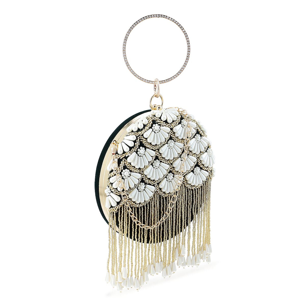 Black Hand Embroidery Pearl Studded Velvet Clutch with Tassels, Ring Handle and Sling Chain image number 5