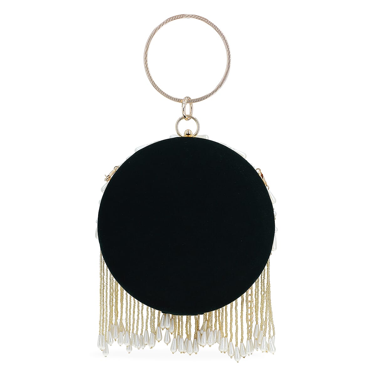 Black Hand Embroidery Pearl Studded Velvet Clutch with Tassels, Ring Handle and Sling Chain image number 6