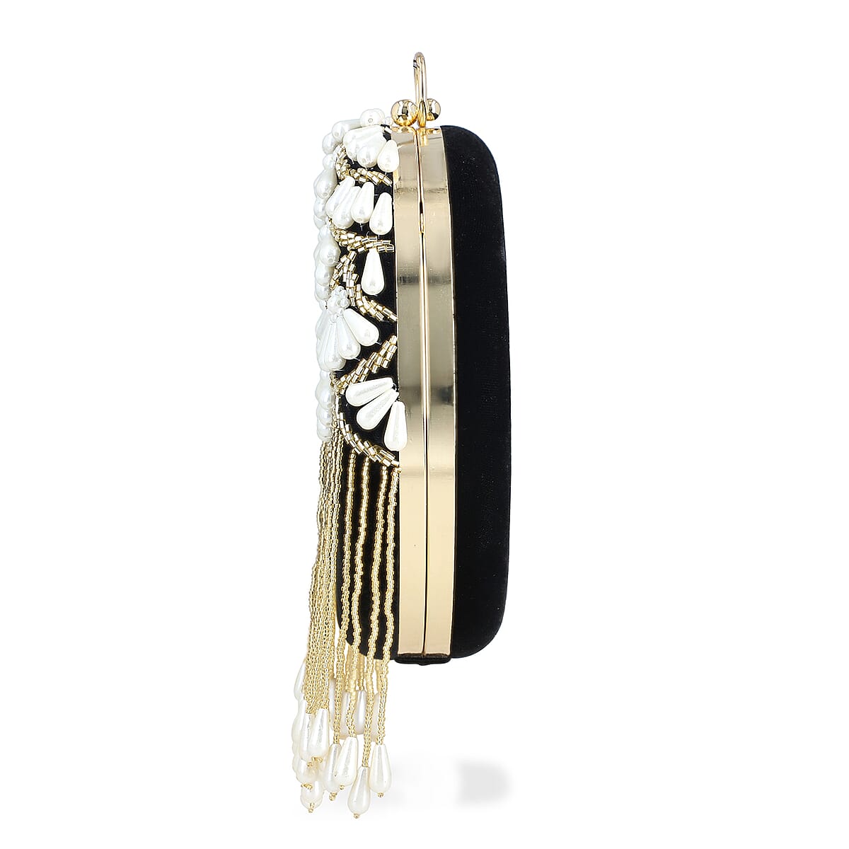 Black Hand Embroidery Pearl Studded Velvet Clutch with Tassels, Ring Handle and Sling Chain image number 7