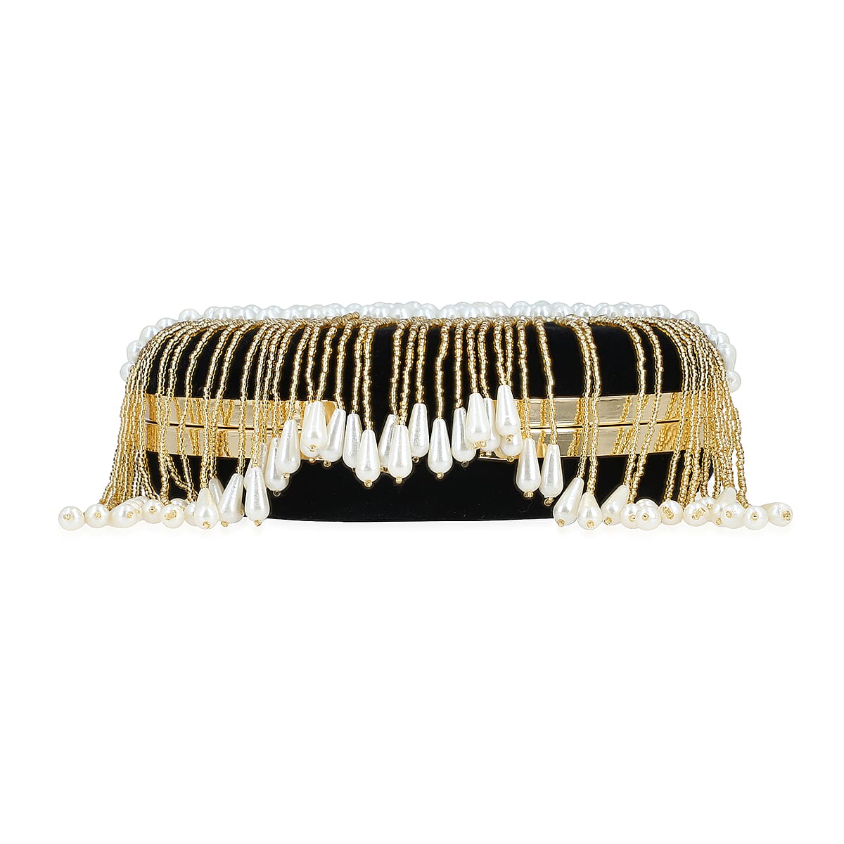 Black Hand Embroidery Pearl Studded Velvet Clutch with Tassels, Ring Handle and Sling Chain image number 8