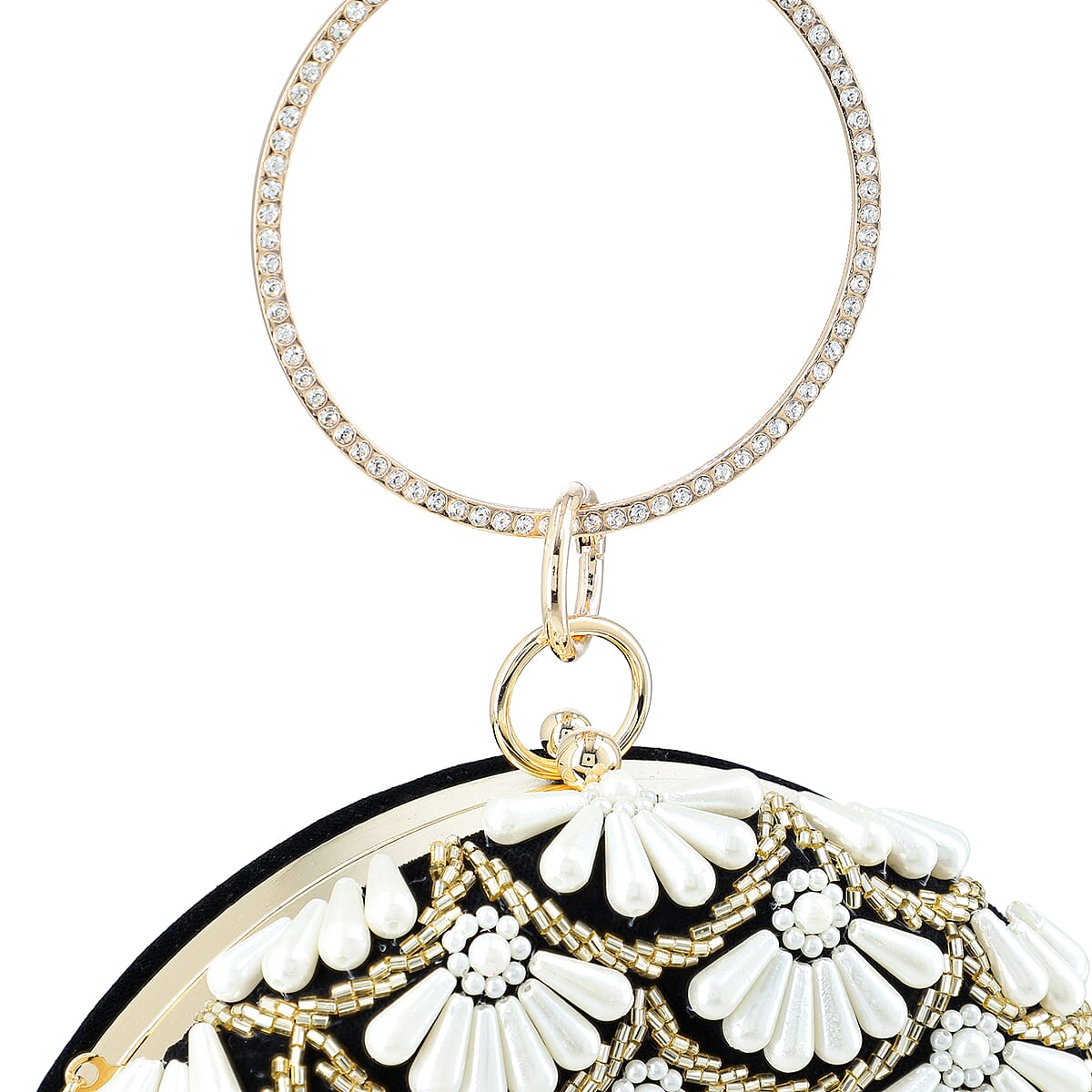 Black Hand Embroidery Pearl Studded Velvet Clutch with Tassels, Ring Handle and Sling Chain image number 10