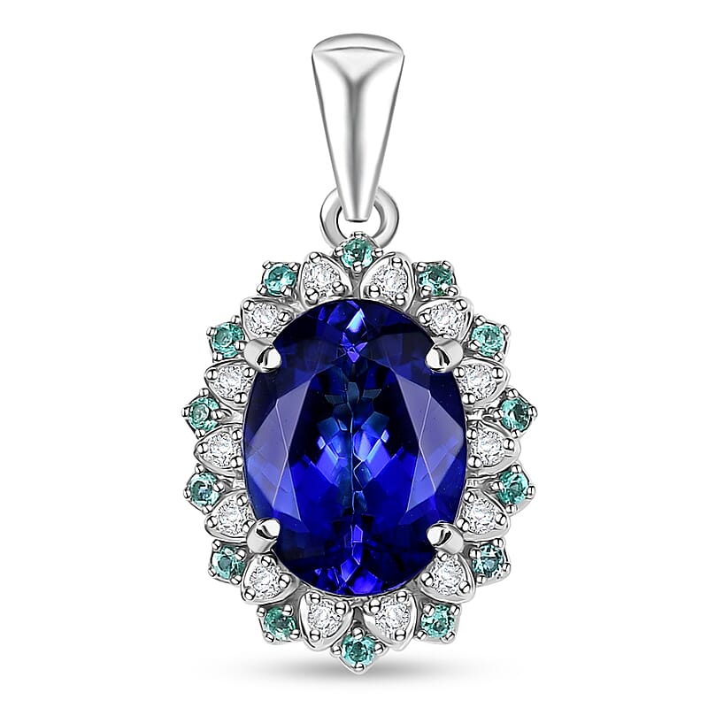 Certified & Appraised Rhapsody AAAA Tanzanite, Paraiba Tourmaline and E-F VS2 Diamond 3.55 ctw Pendant in 950 Platinum 4 Grams
