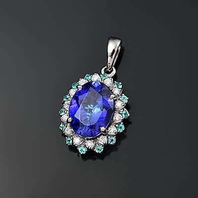 Certified & Appraised Rhapsody AAAA Tanzanite, Paraiba Tourmaline and E-F VS2 Diamond 3.55 ctw Pendant in 950 Platinum 4 Grams