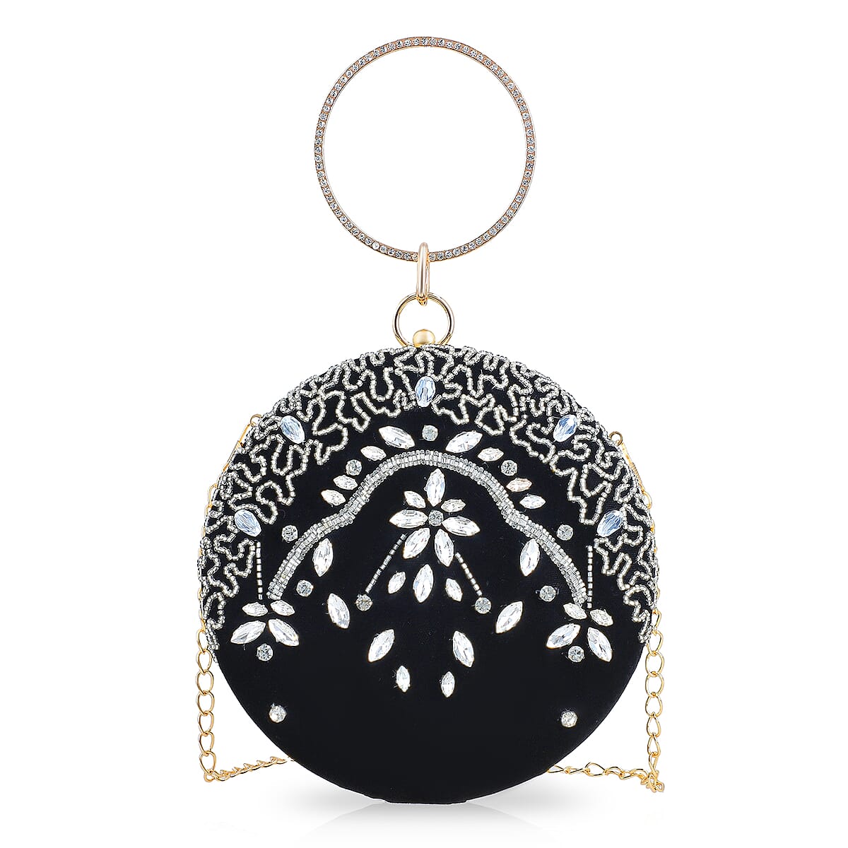 Black Hand Embroidery Round Shaped Beads Studded Velvet Clutch with Ring Handle and Sling Chain image number 0