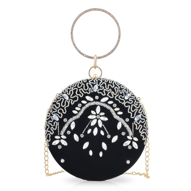 Black Hand Embroidery Round Shaped Beads Studded Velvet Clutch with Ring Handle and Sling Chain